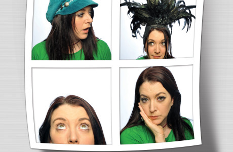British stand-up comic Susan Murray in various poses and hats on sheet of four passport photos